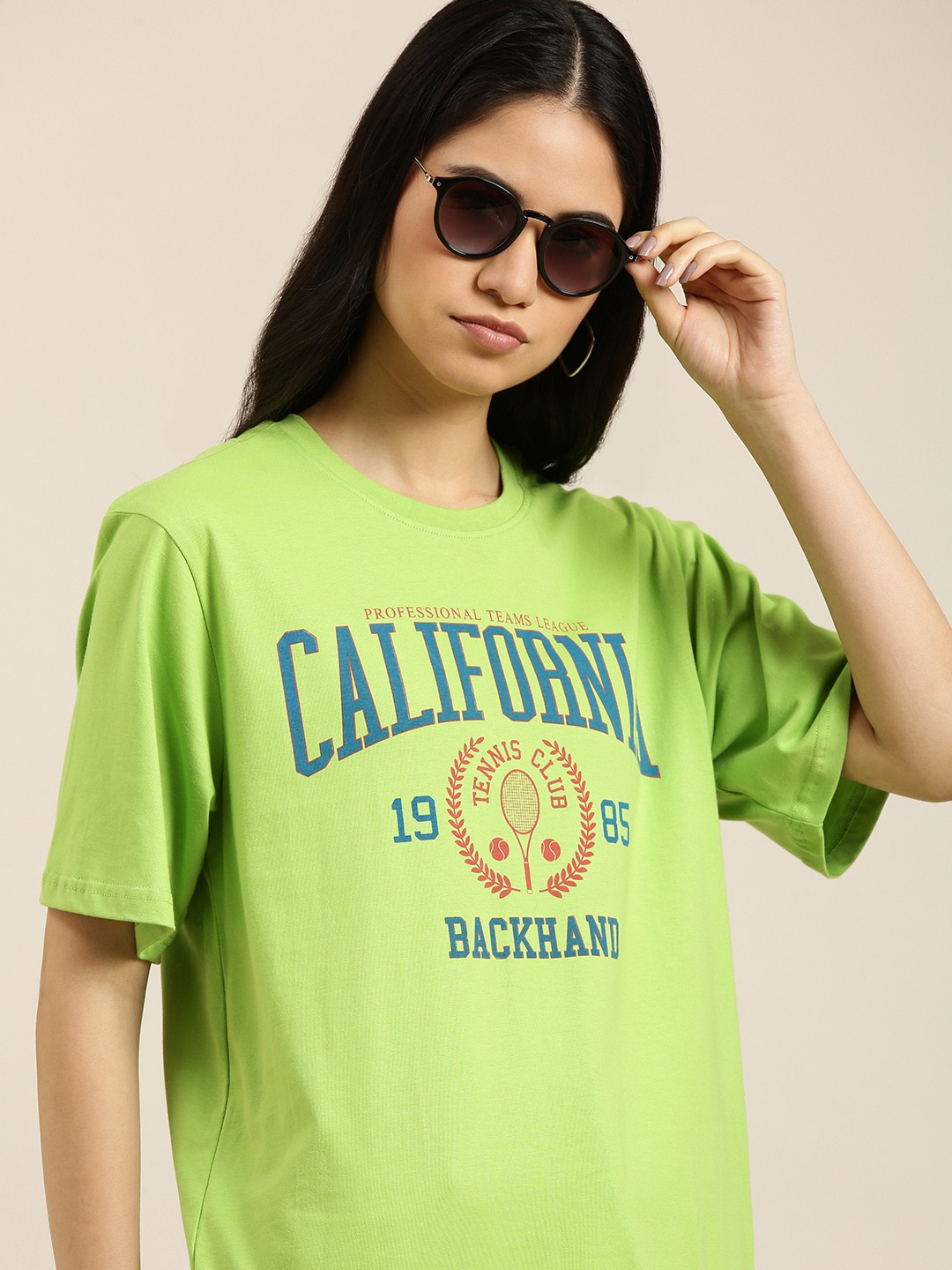

DILLINGER Women Green & Blue Pure Cotton Printed Loose T-shirt