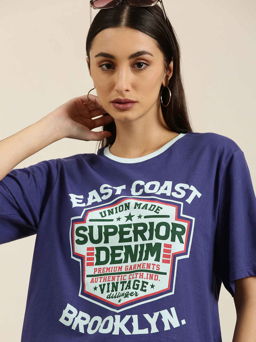 

DILLINGER Women Blue Typography Printed Pure Cotton Oversized T-shirt