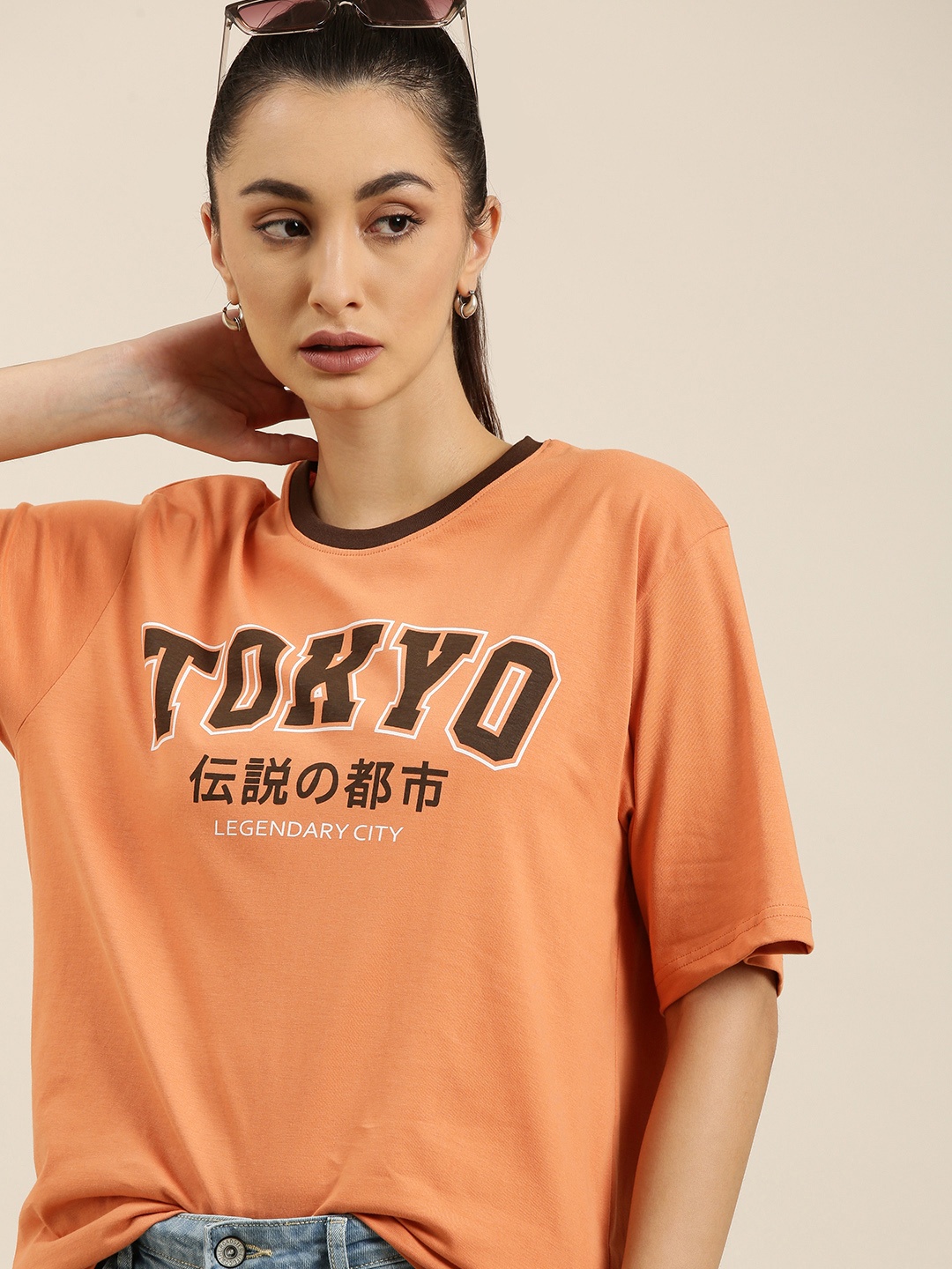 

DILLINGER Women Peach-Coloured Printed Pure Cotton Oversized T-shirt