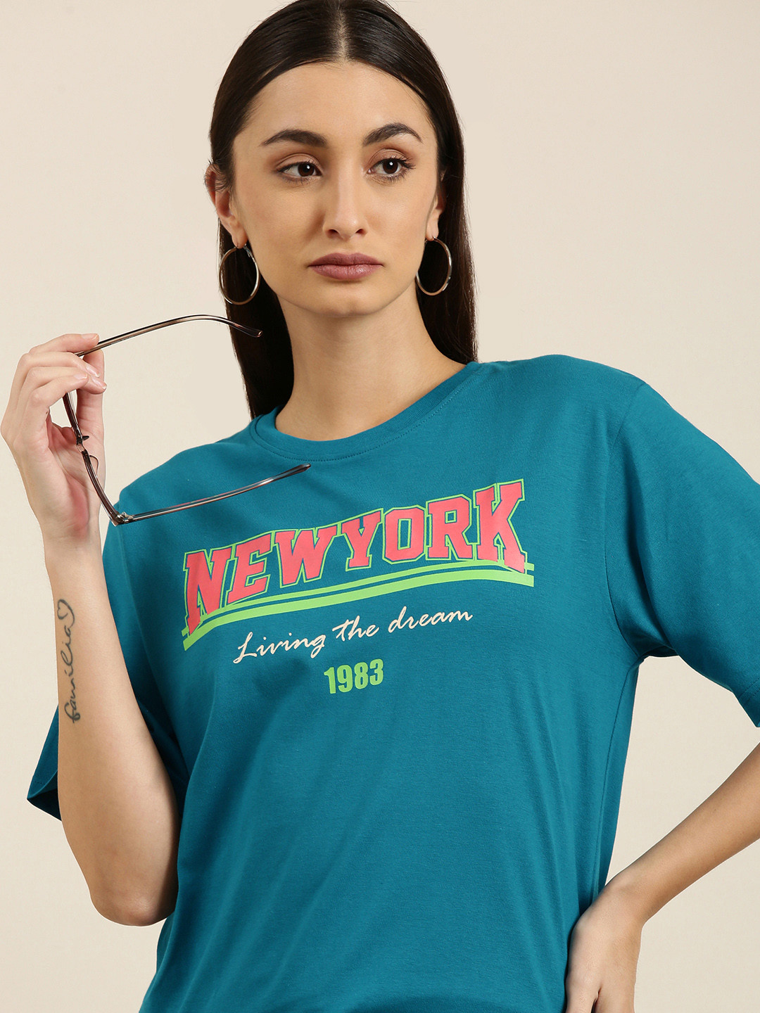 

DILLINGER Women Teal Green Printed Pure Cotton Oversized T-shirt