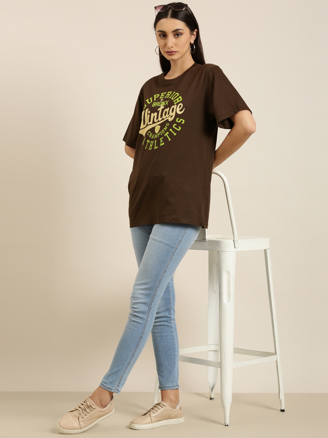 

DILLINGER Women Brown Typography Printed Pure Cotton Oversized T-shirt