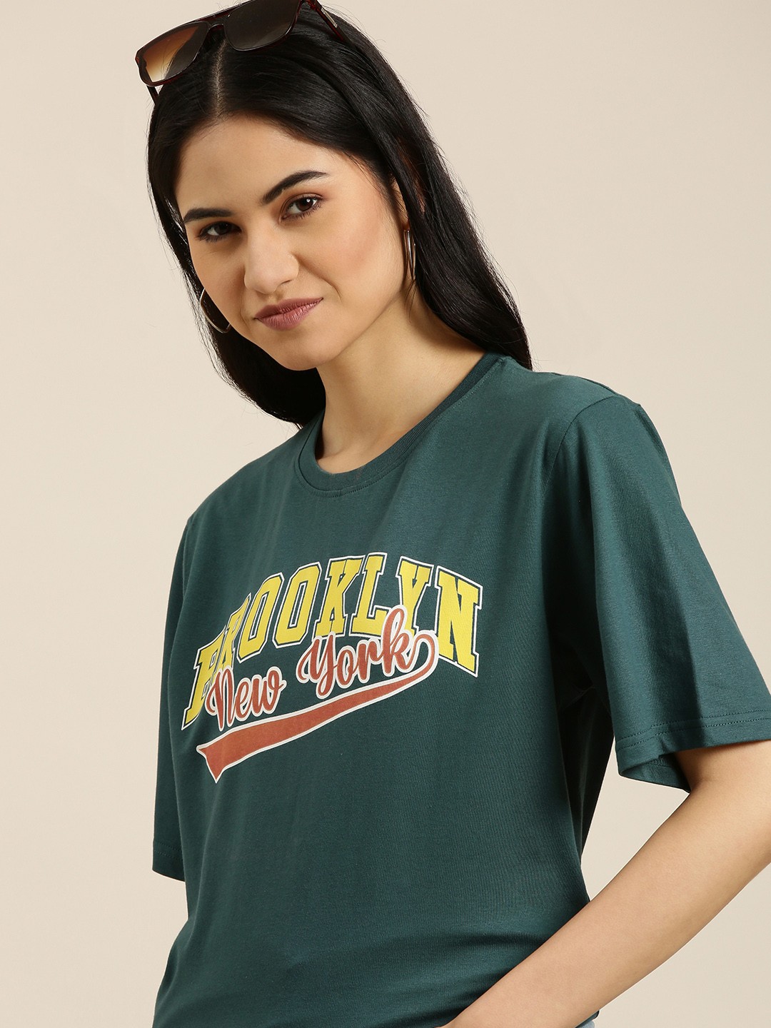 

DILLINGER Women Green & Yellow Pure Cotton Printed Oversized T-shirt