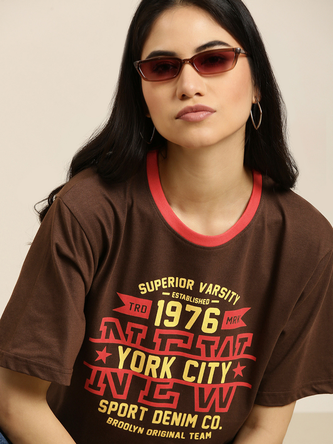 

DILLINGER Women Brown & Red Printed Pure Cotton Oversized T-shirt