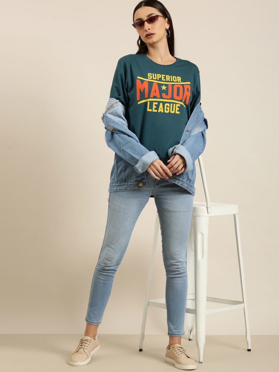 

DILLINGER Women Teal Blue Typography Printed Pure Cotton Oversized T-shirt