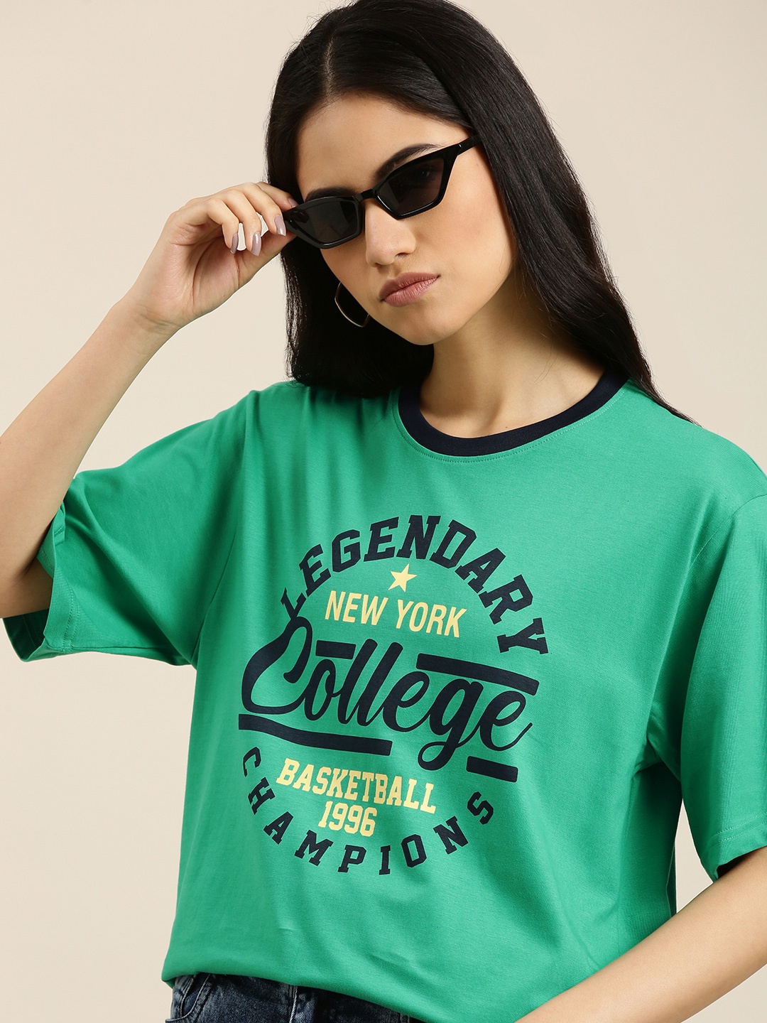 

DILLINGER Women Green & Navy Blue Pure Cotton Printed Loose T-shirt