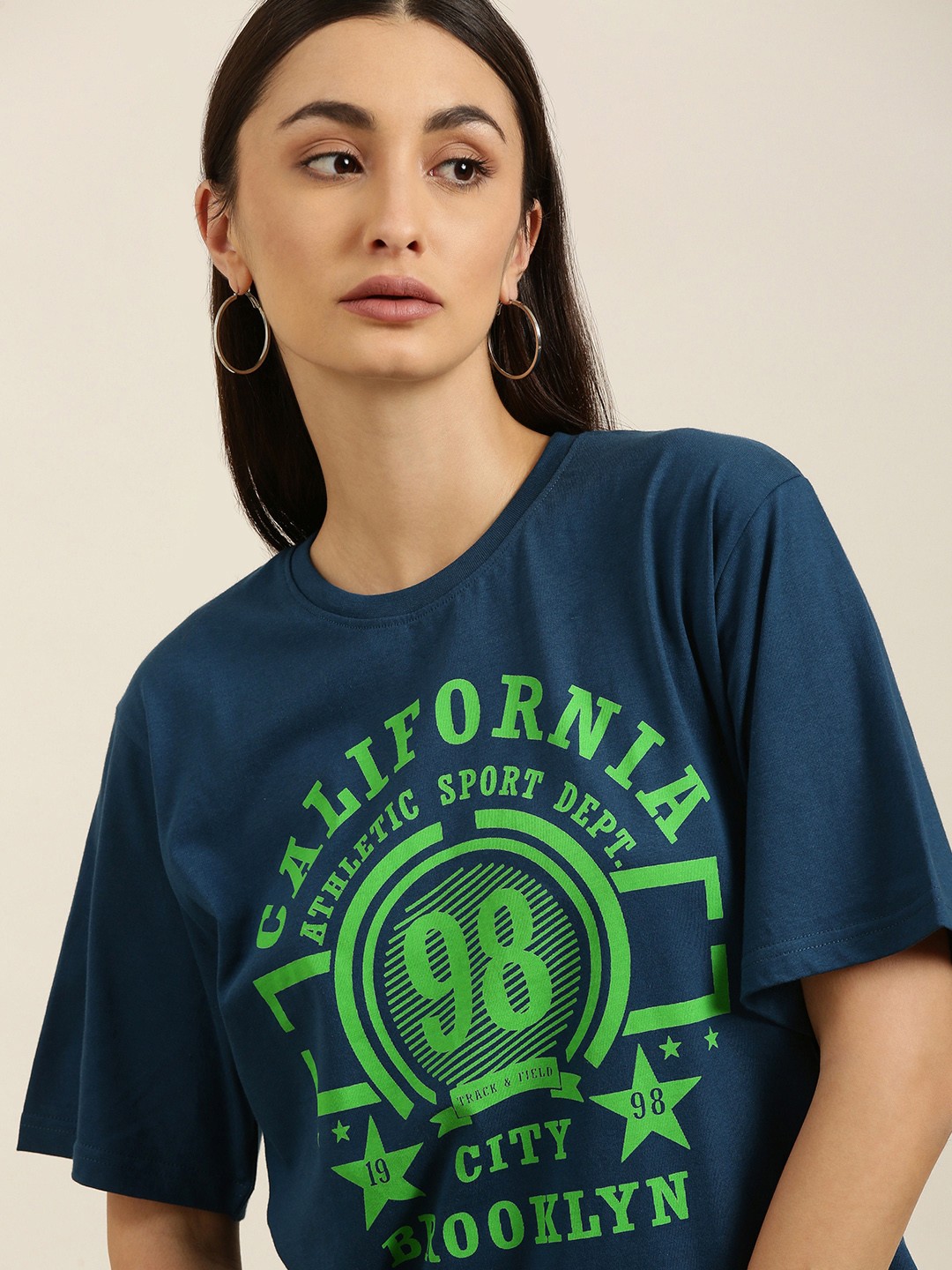 

DILLINGER Women Blue Printed Pure Cotton Oversized T-shirt