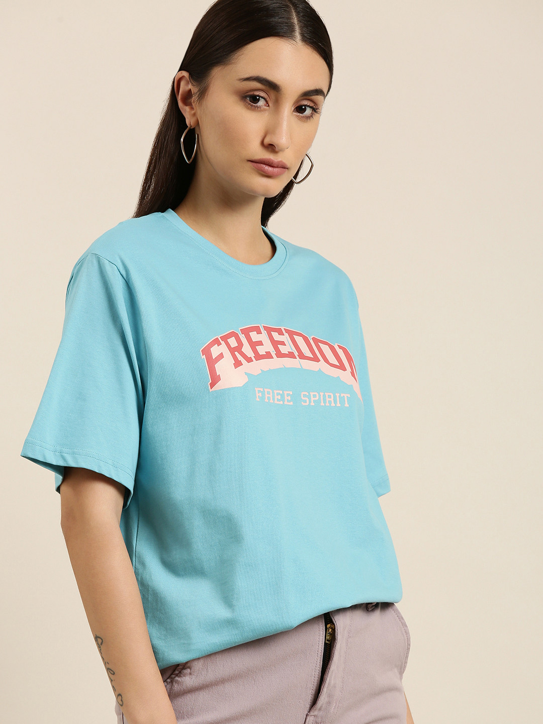 

DILLINGER Women Turquoise Blue Typography Printed Pure Cotton Loose T-shirt