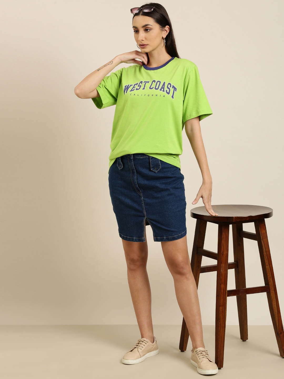 

DILLINGER Women Green Typography Printed Pure Cotton Oversized T-shirt