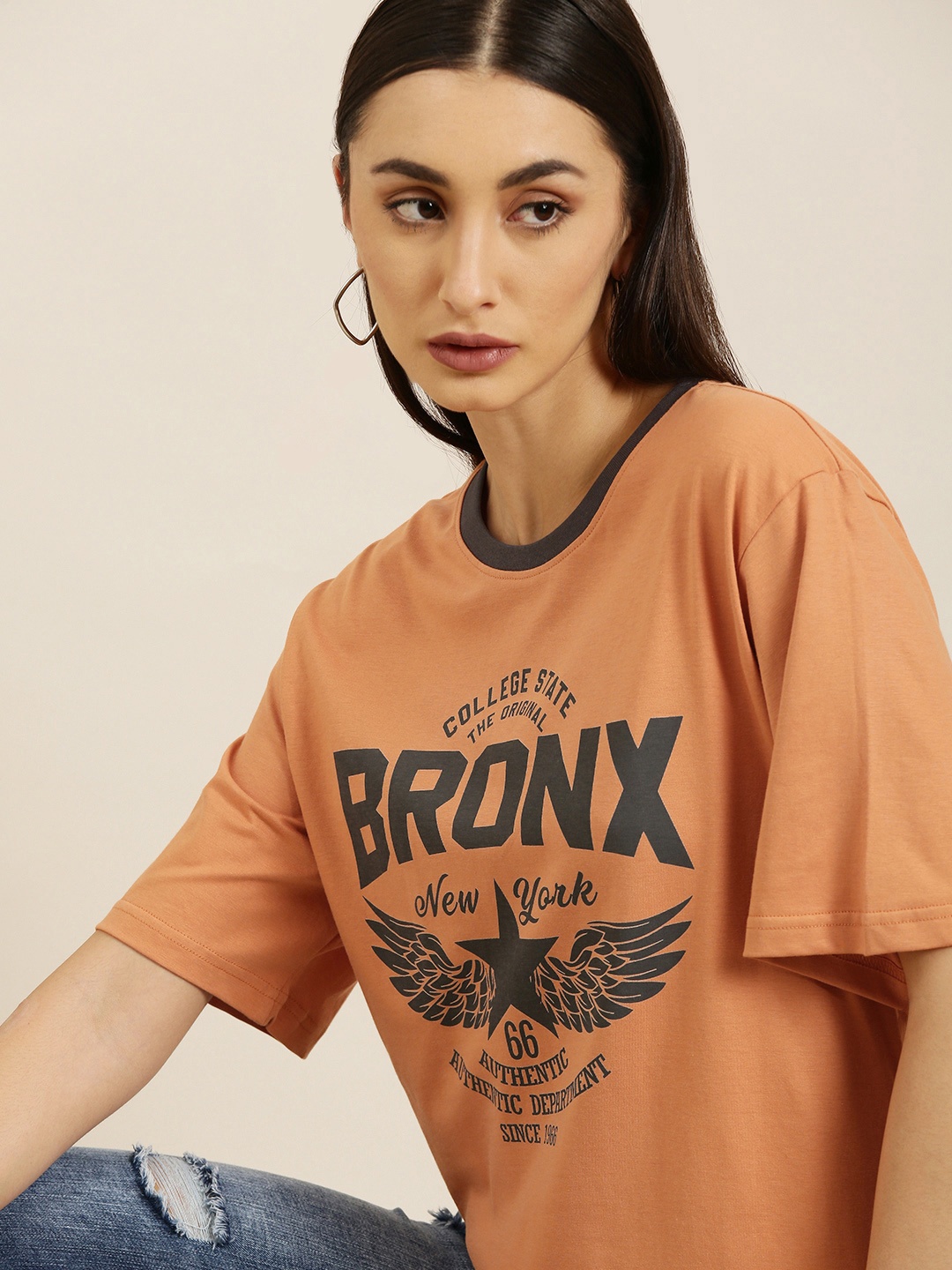 

DILLINGER Women Peach-Coloured Typography Printed Pure Cotton Oversized T-shirt