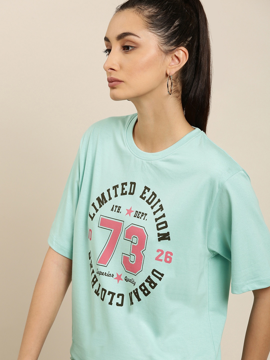 

DILLINGER Women Blue Typography Printed Pure Cotton Oversized T-shirt