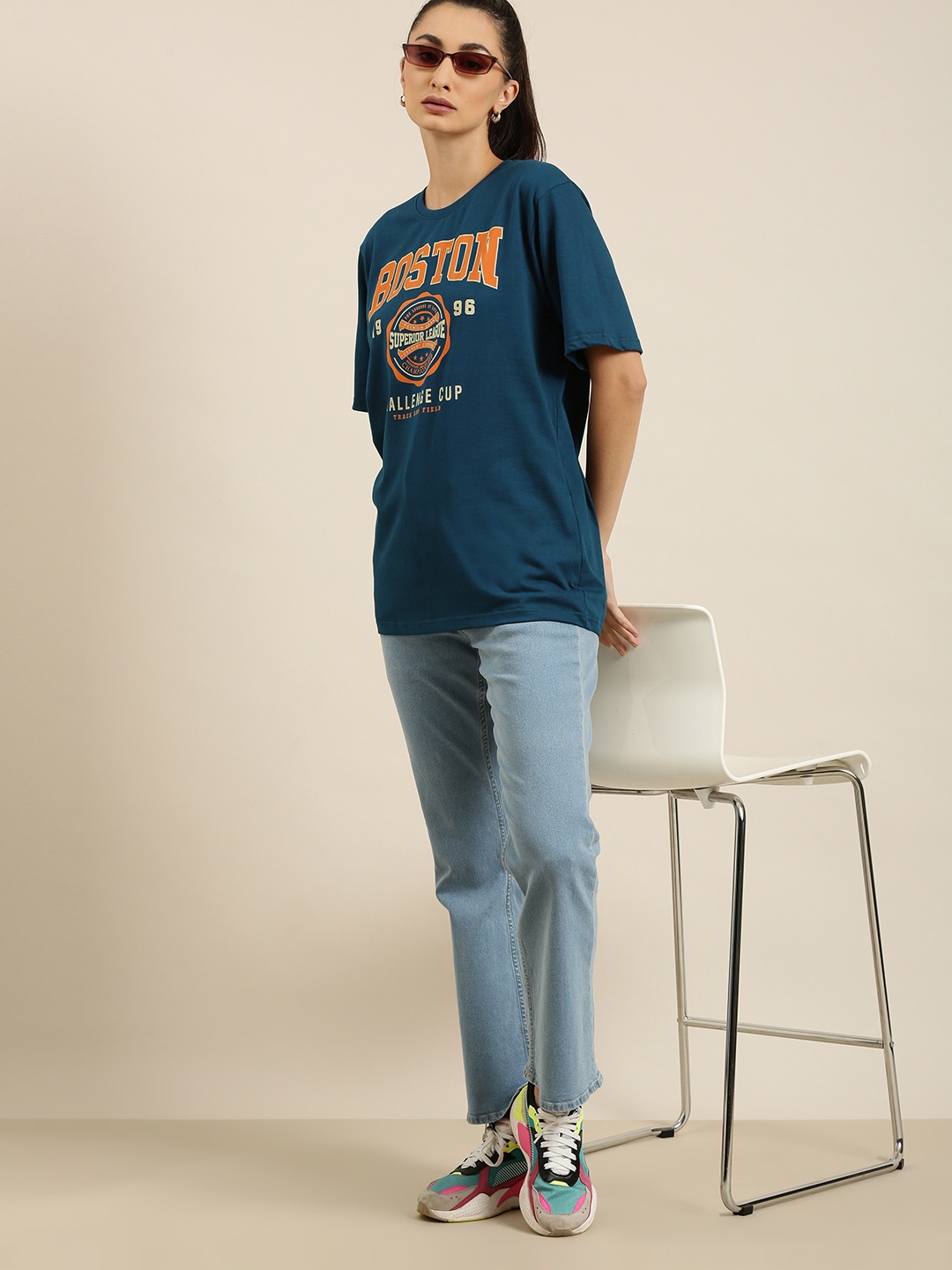

DILLINGER Women Blue Printed Pure Cotton Oversized T-shirt