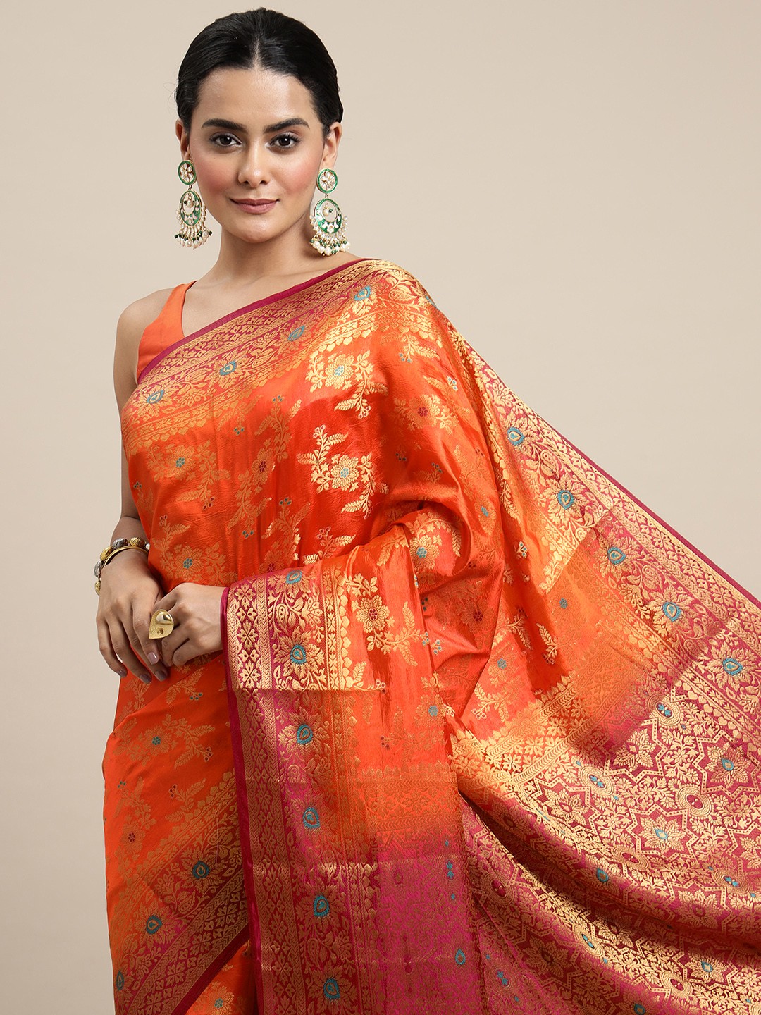

Royal Rajgharana Saree Orange Woven Design Zari Silk Blend Banarasi Saree