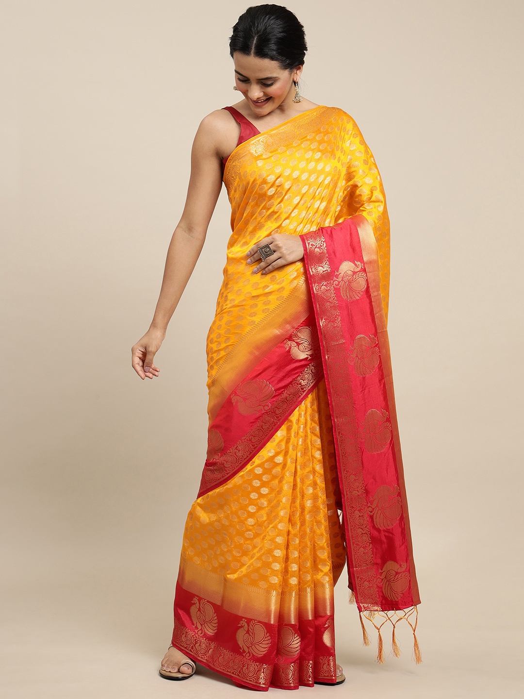 

Royal Rajgharana Saree Yellow & Red Woven Design Zari Silk Blend Banarasi Saree