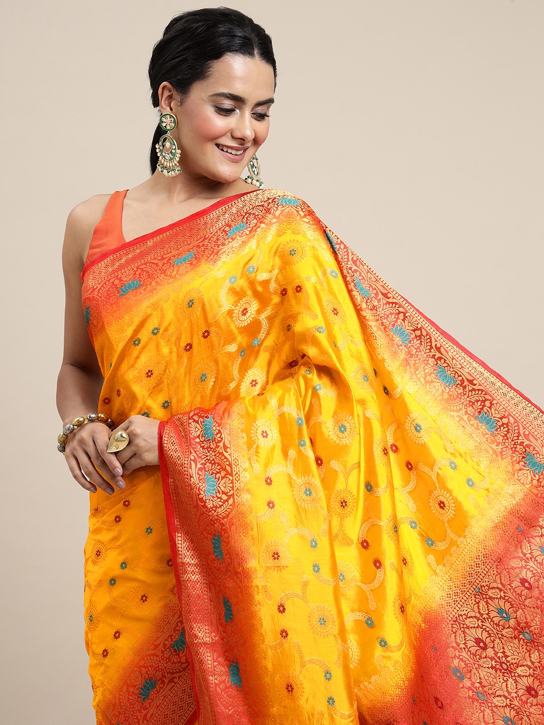 

Royal Rajgharana Saree Yellow & Red Woven Design Zari Silk Blend Banarasi Saree