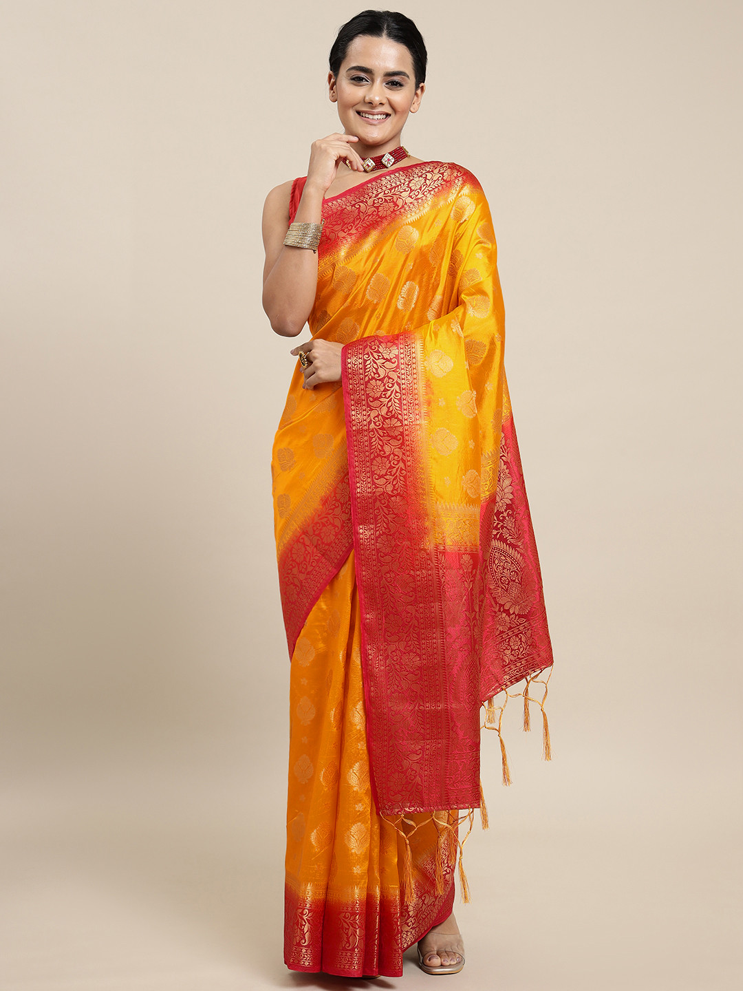 

Royal Rajgharana Saree Yellow & Red Woven Design Zari Silk Blend Banarasi Saree