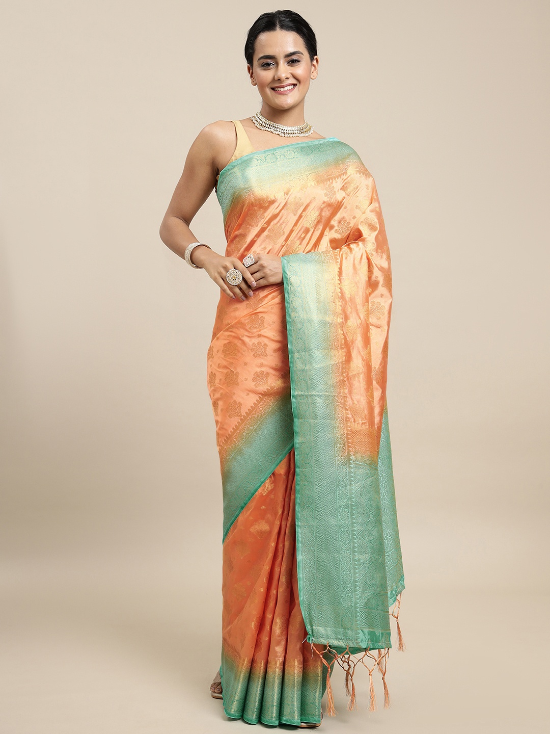 

Royal Rajgharana Saree Peach-Coloured Woven Design Zari Silk Blend Banarasi Saree