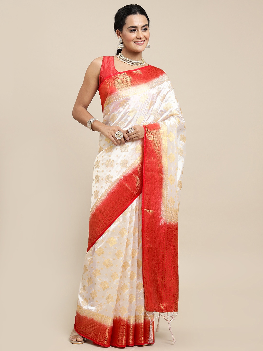 

Royal Rajgharana Saree White & Red Woven Design Zari Silk Blend Banarasi Saree