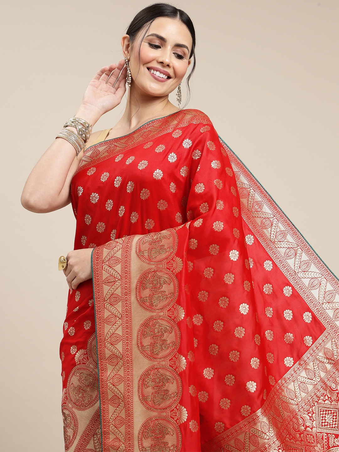 

Royal Rajgharana Saree Red & Golden Ethnic Motifs Zari Woven Design Banarasi Sarees