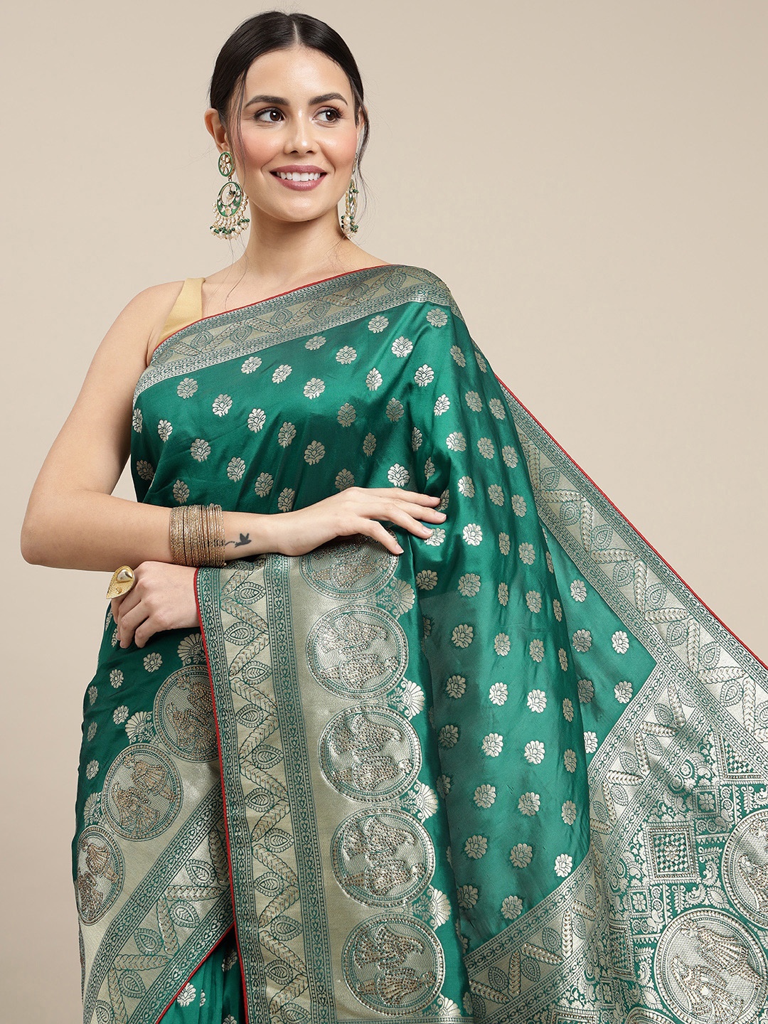 

Royal Rajgharana Saree Teal Green & Silver Ethnic Motifs Zari Silk Blend Banarasi Sarees