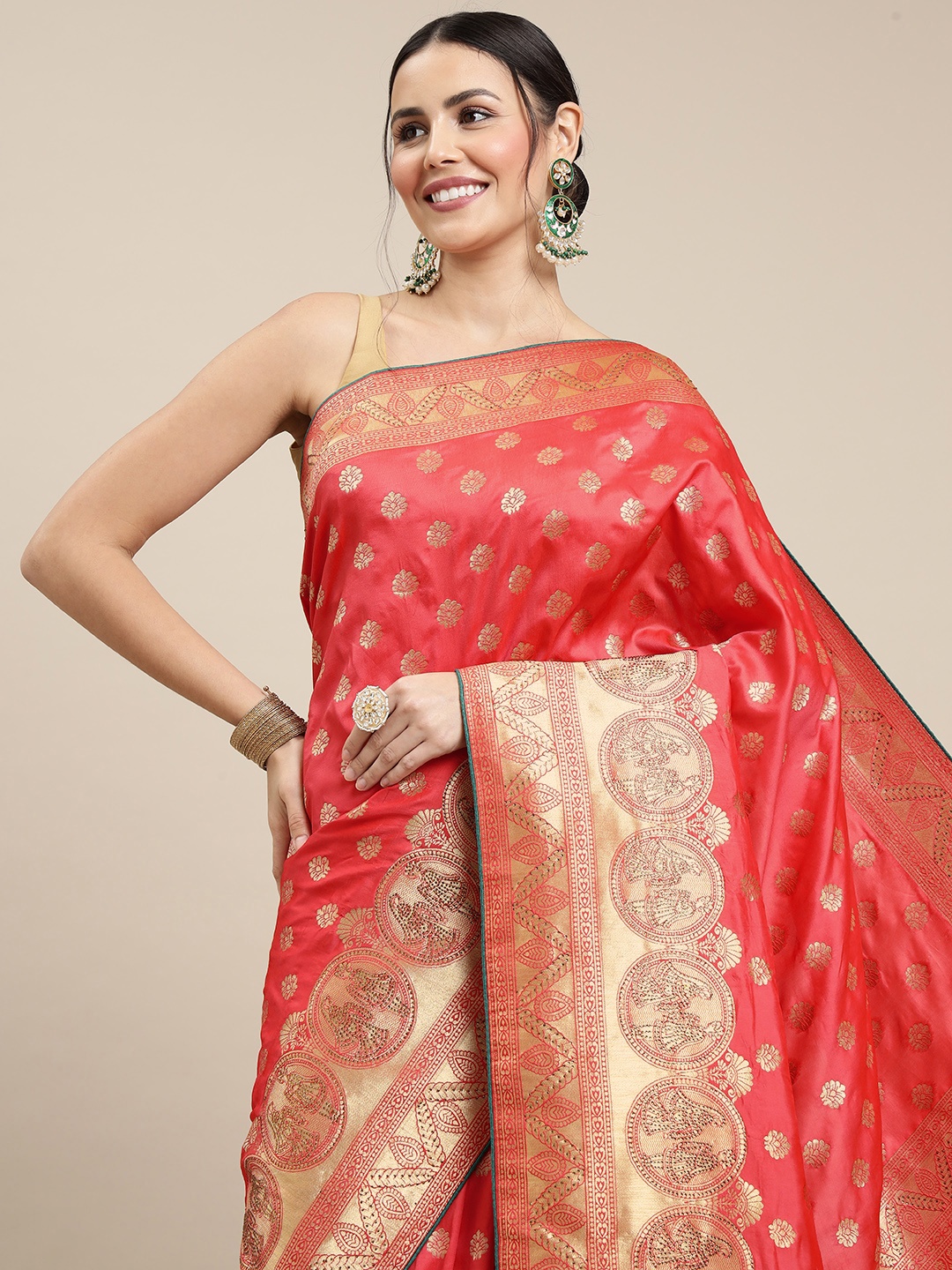 

Royal Rajgharana Saree Coral Pink & Golden Ethnic Motifs Zari Woven Design Banarasi Sarees