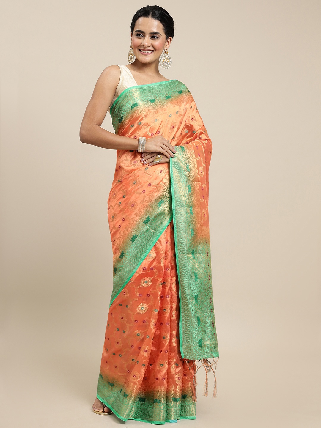 

Royal Rajgharana Saree Peach-Coloured Woven Design Zari Silk Blend Banarasi Saree