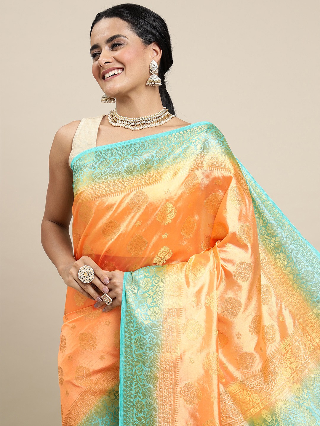 

Royal Rajgharana Saree Peach-Coloured Woven Design Zari Silk Blend Banarasi Saree