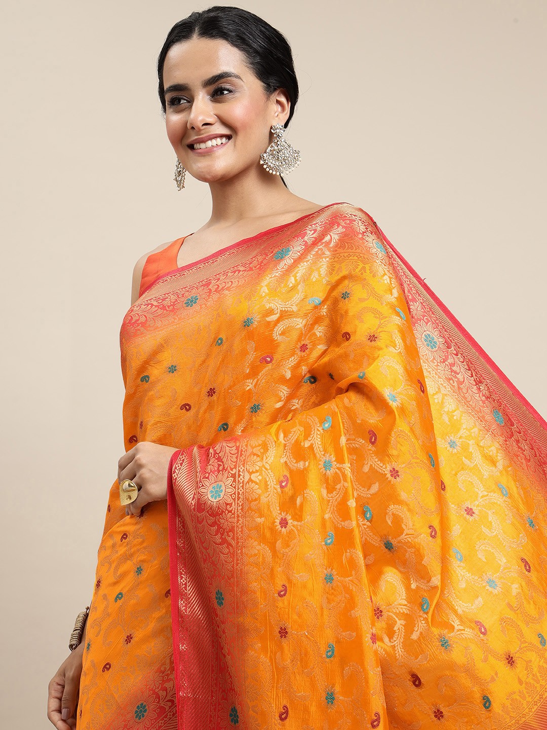 

Royal Rajgharana Saree Yellow & Red Woven Design Zari Silk Blend Banarasi Saree