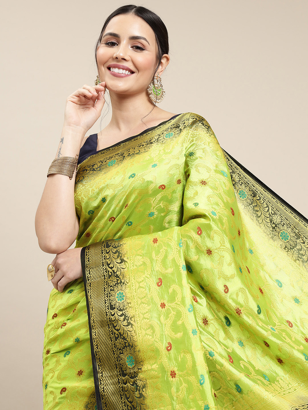 

Royal Rajgharana Saree Green & Navy Blue Ethnic Motifs Zari Woven Design Banarasi Sarees