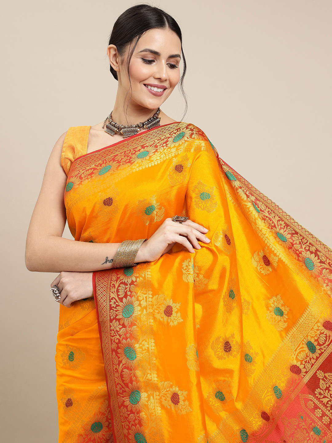 

Royal Rajgharana Saree Yellow & Maroon Ethnic Motifs Zari Woven Design Banarasi Sarees