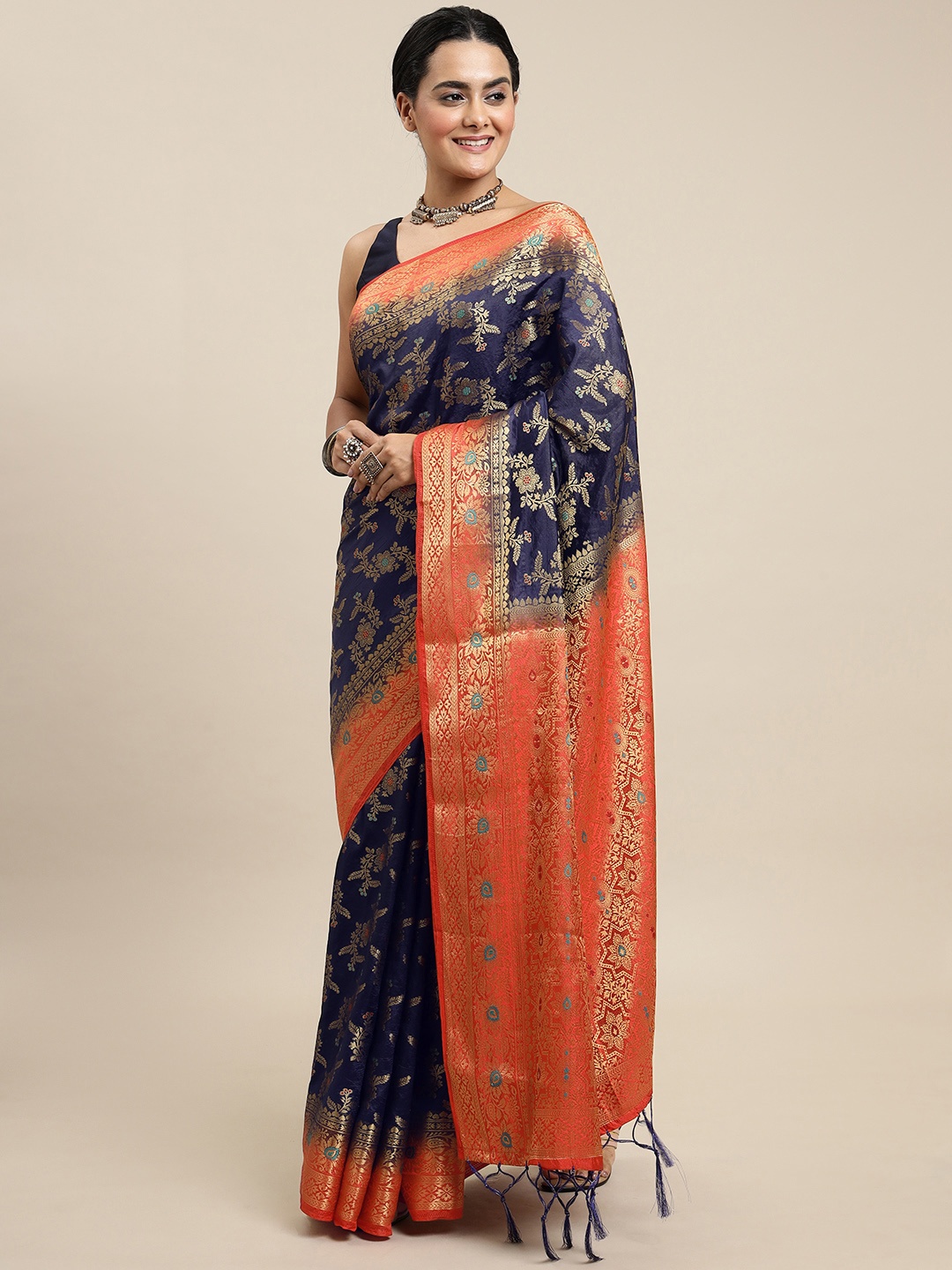 

Royal Rajgharana Saree Navy Blue & Pink Woven Design Zari Silk Blend Banarasi Saree