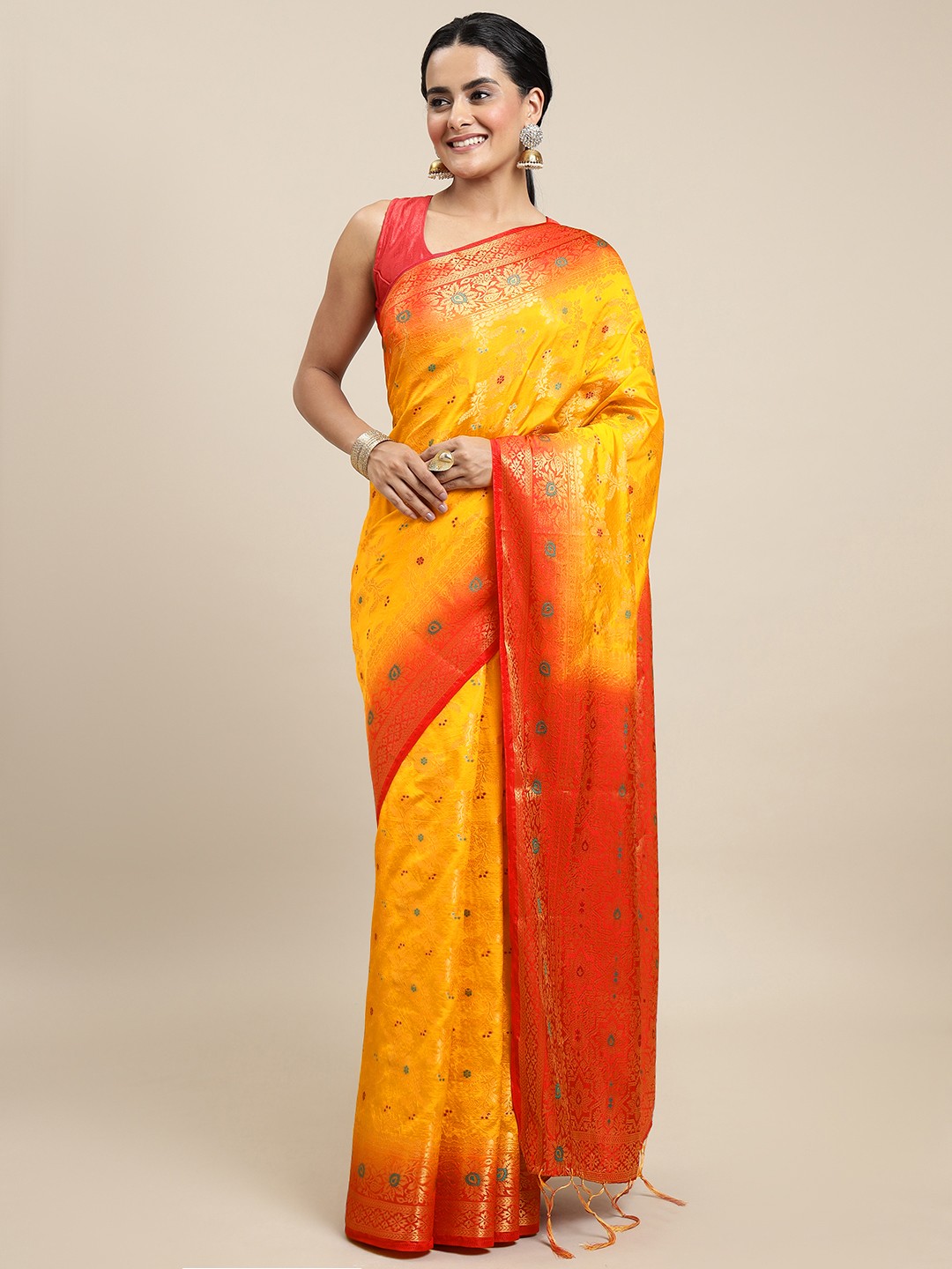 

Royal Rajgharana Saree Yellow & Red Woven Design Zari Silk Blend Banarasi Saree