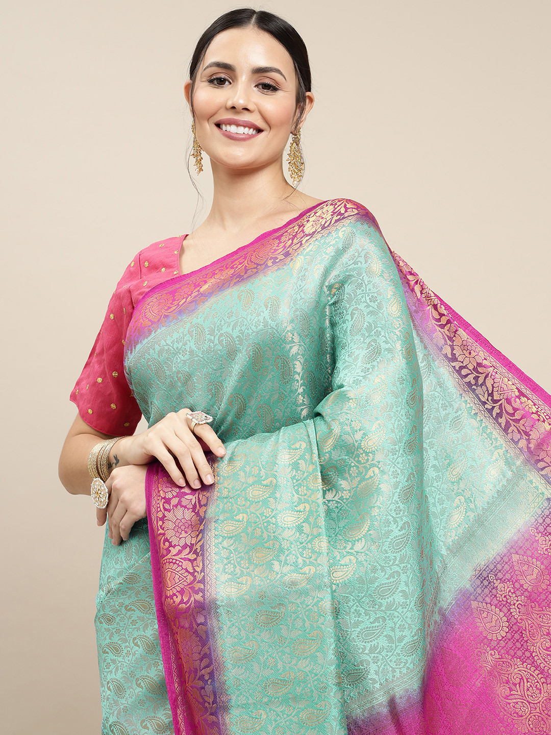 

Royal Rajgharana Saree Blue & Magenta Ethnic Motifs Zari Woven Design Banarasi Sarees