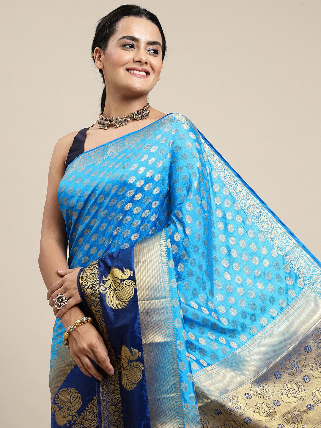 

Royal Rajgharana Saree Blue Woven Design Zari Silk Blend Banarasi Saree