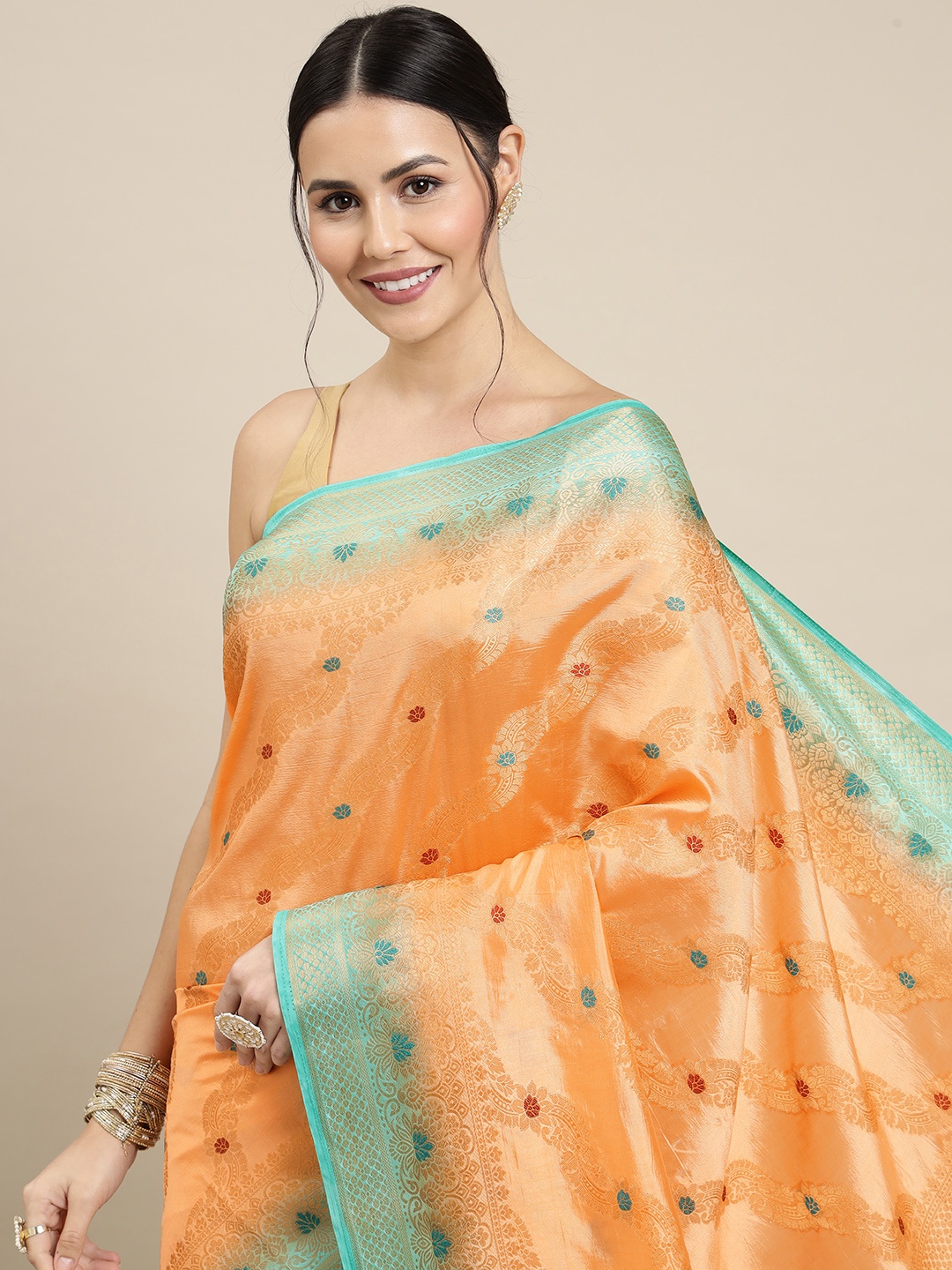 

Royal Rajgharana Saree Peach-Coloured & Sea Green Zari Woven Design Banarasi Sarees
