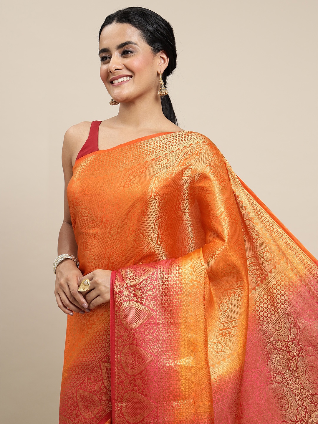 

Royal Rajgharana Saree Orange & Pink Woven Design Zari Silk Blend Banarasi Saree