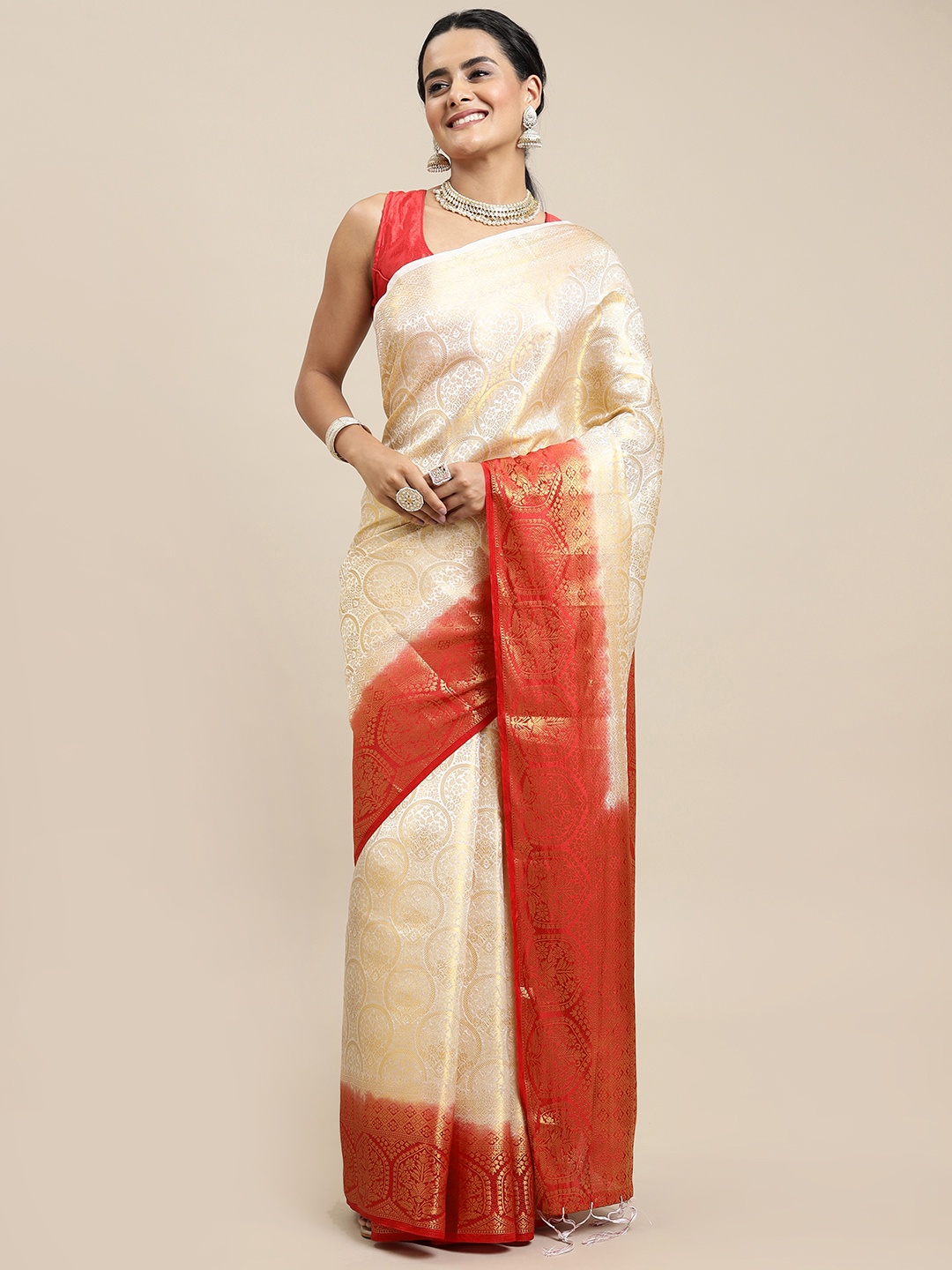 

Royal Rajgharana Saree White & Red Woven Design Zari Silk Blend Banarasi Saree