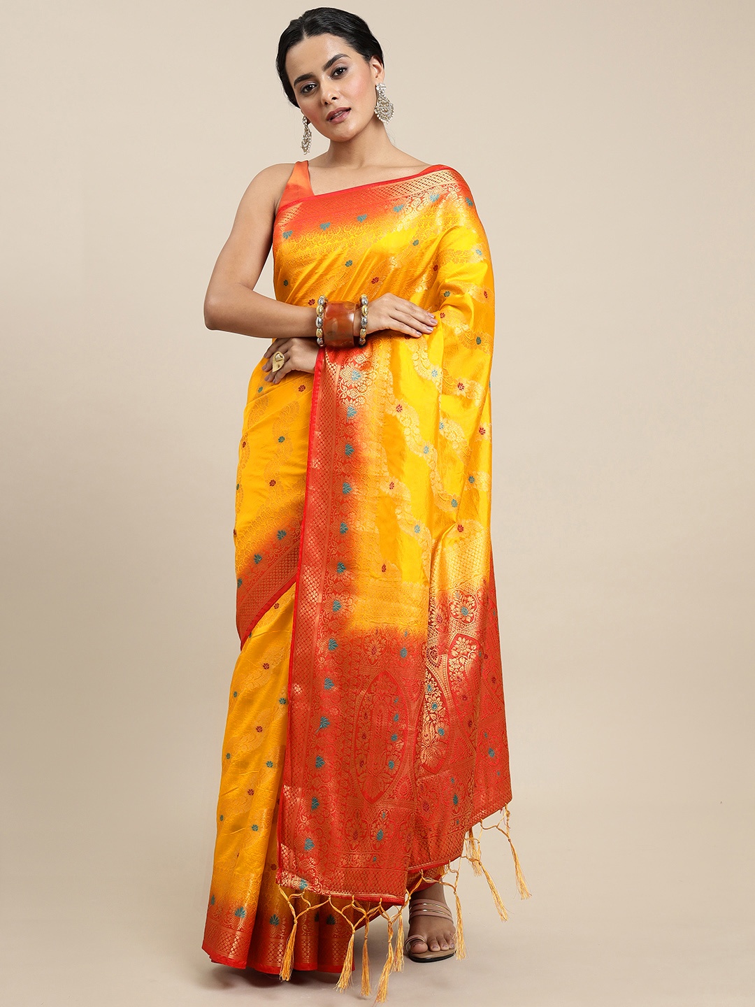 

Royal Rajgharana Saree Yellow & Red Woven Design Zari Silk Blend Banarasi Saree