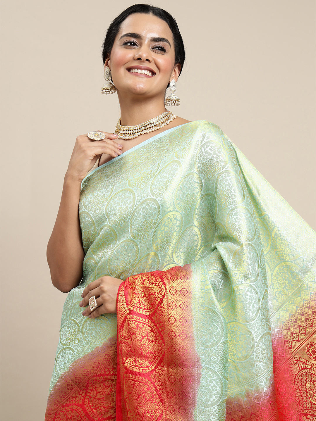 

Royal Rajgharana Saree Sea Green & Pink Woven Design Zari Silk Blend Banarasi Saree