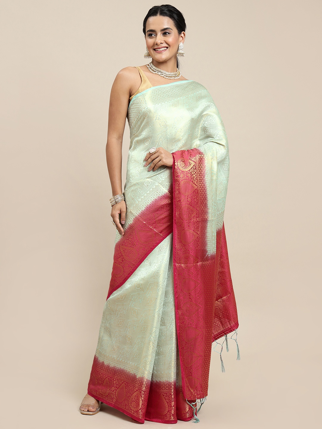 

Royal Rajgharana Saree Sea Green & Pink Woven Design Zari Silk Blend Banarasi Saree