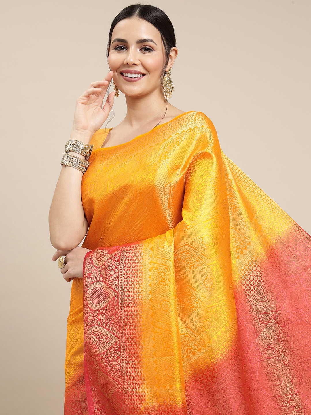 

Royal Rajgharana Saree Yellow & Red Ethnic Motifs Zari Woven Design Banarasi Sarees