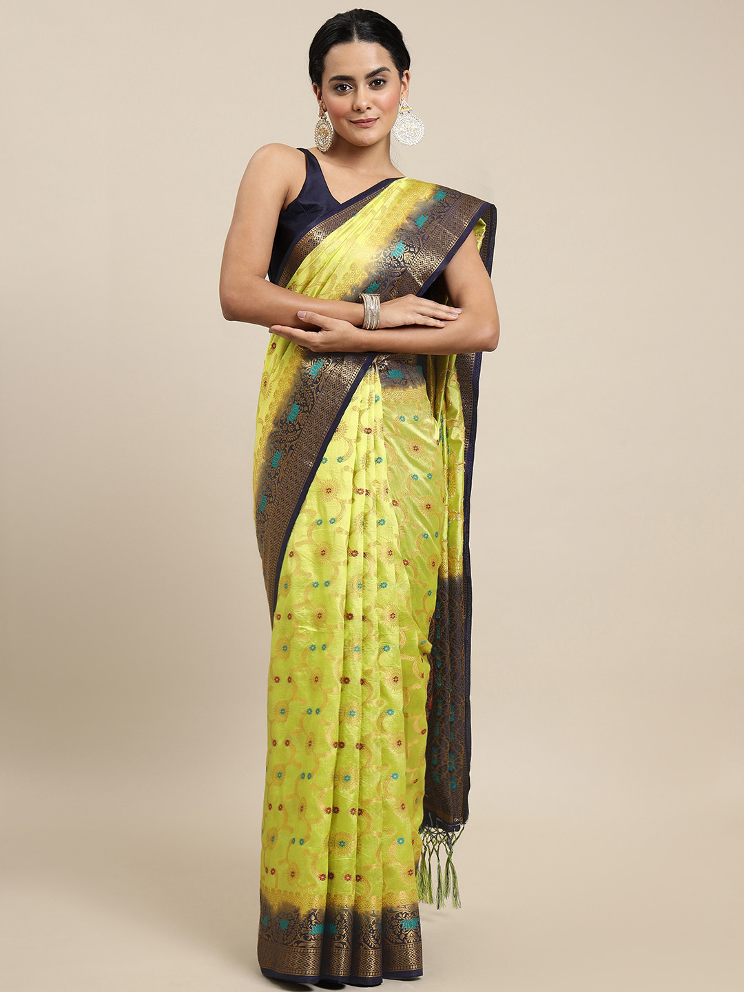 

Royal Rajgharana Saree Green & Navy Blue Woven Design Zari Silk Blend Banarasi Saree
