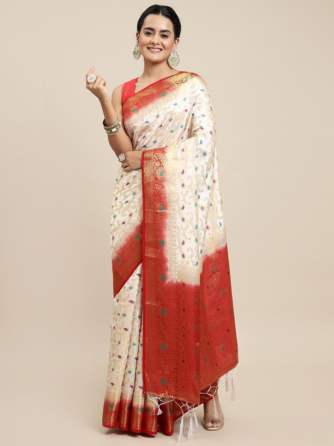 

Royal Rajgharana Saree White & Pink Woven Design Zari Silk Blend Banarasi Saree