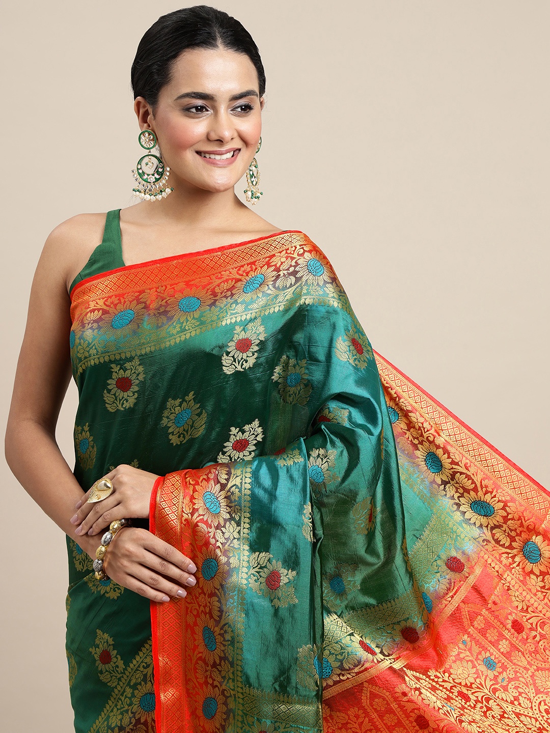 

Royal Rajgharana Saree Green & Red Woven Design Zari Silk Blend Banarasi Saree