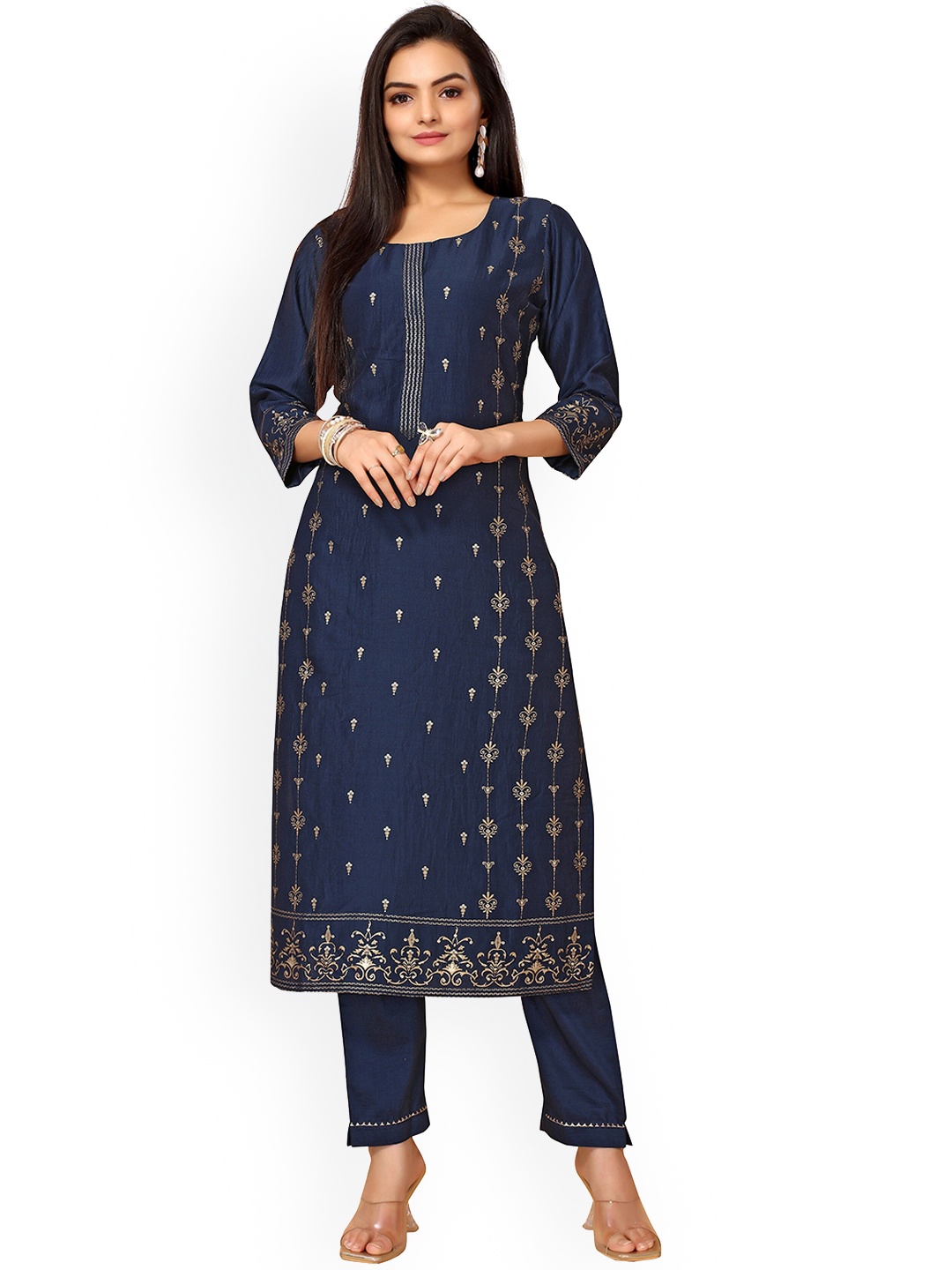 

Nimayaa Women Teal Embroidered Regular Kurta with Trousers