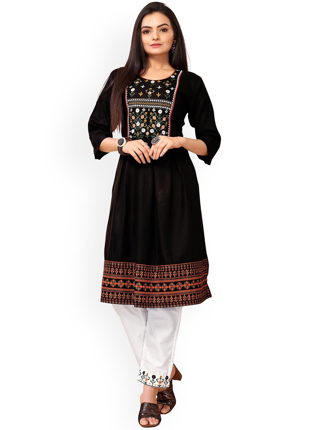 

Nimayaa Women Black Embroidered Panelled Thread Work Kurti with Churidar & With Dupatta
