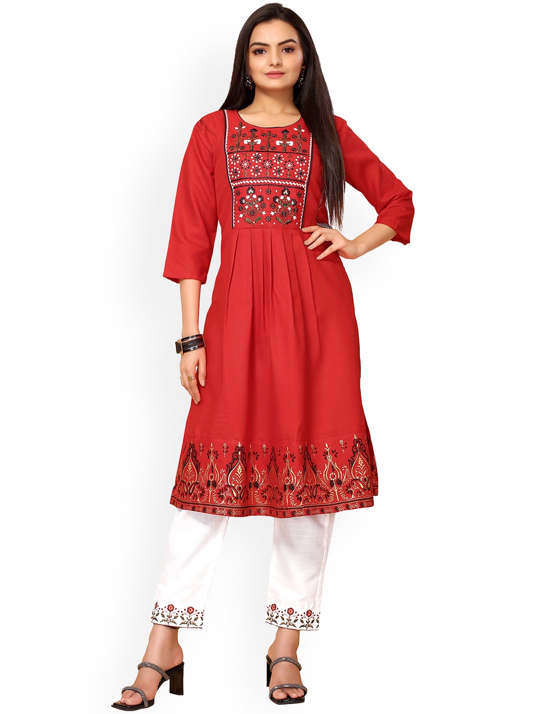 

Nimayaa Women Red Floral Embroidered Thread Work Kurti with Trousers