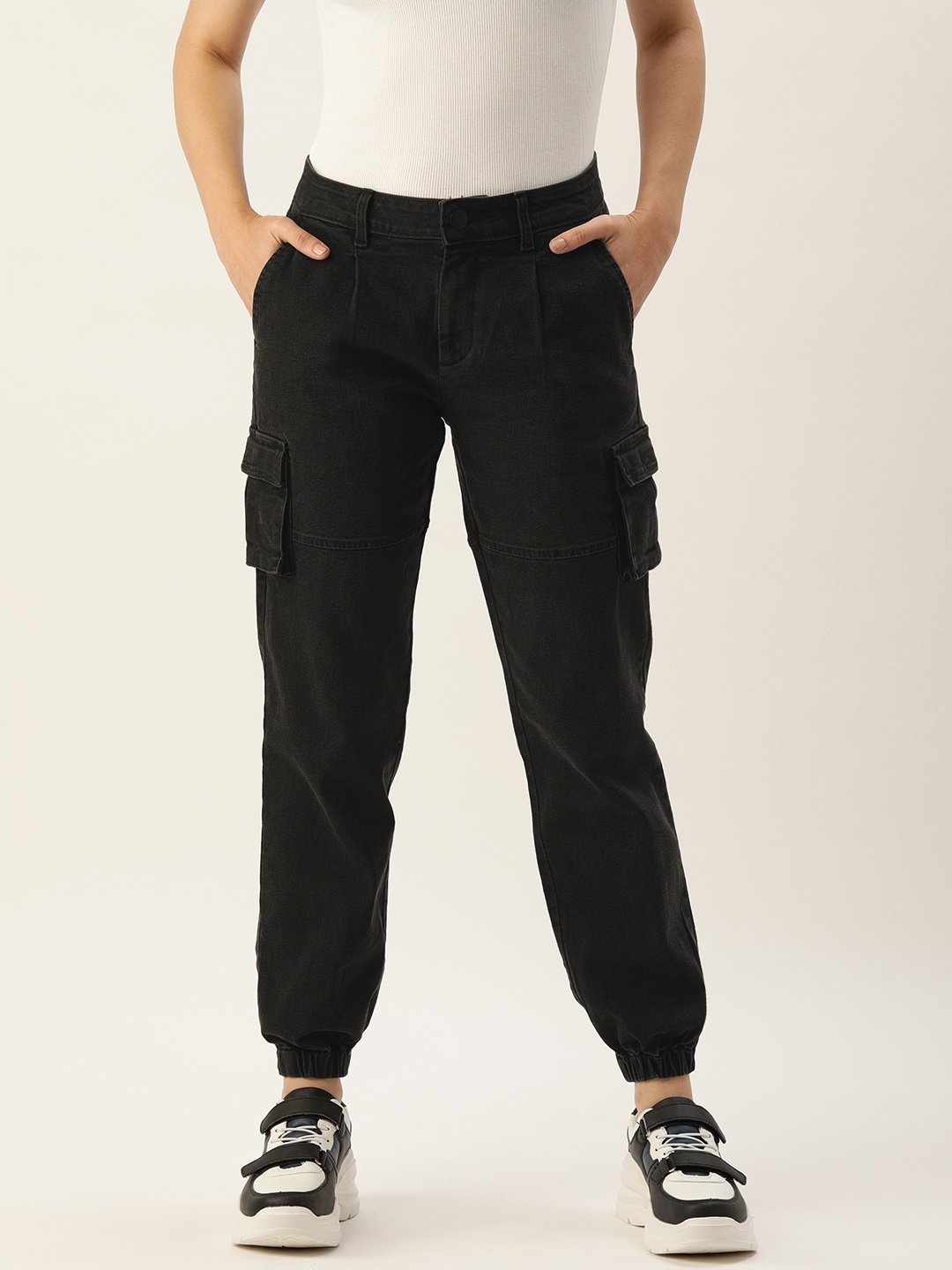

IVOC Women Regular Fit Cotton Cargo Jeans, Black