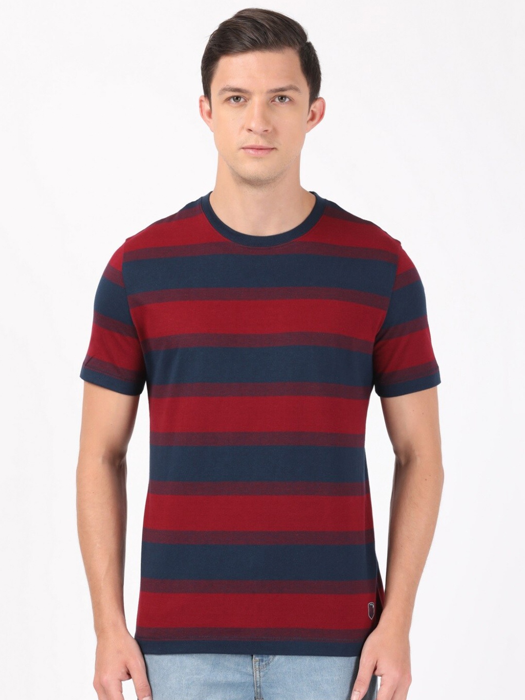 

Jockey Men Red & medieval blue Striped Applique T-shirt