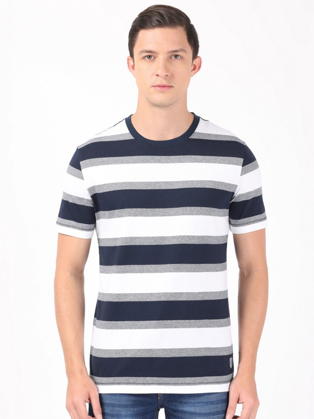 

Jockey Men Navy Blue & peacoat Striped Applique T-shirt