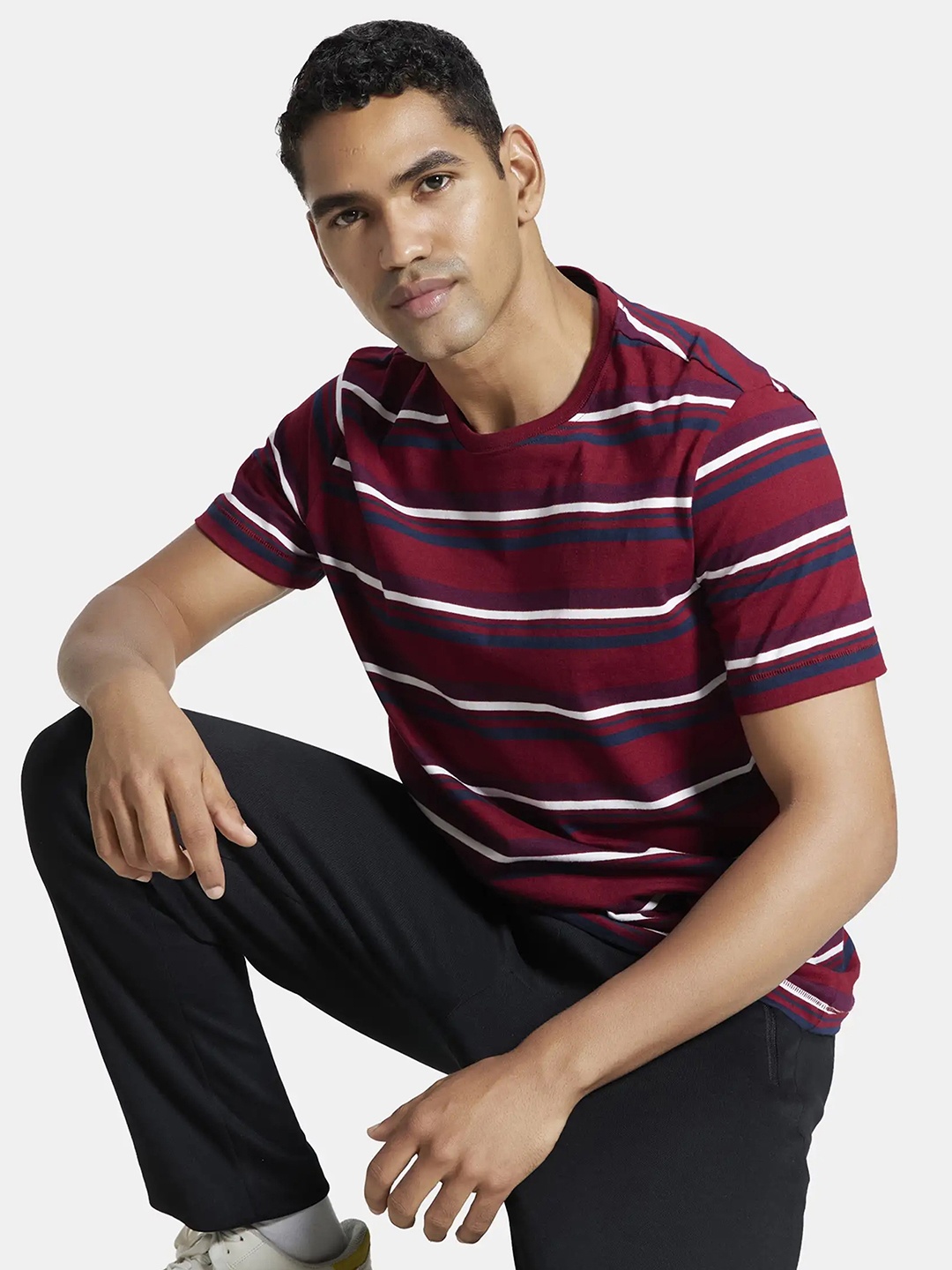 

Jockey Men Red & medieval blue Striped Applique T-shirt